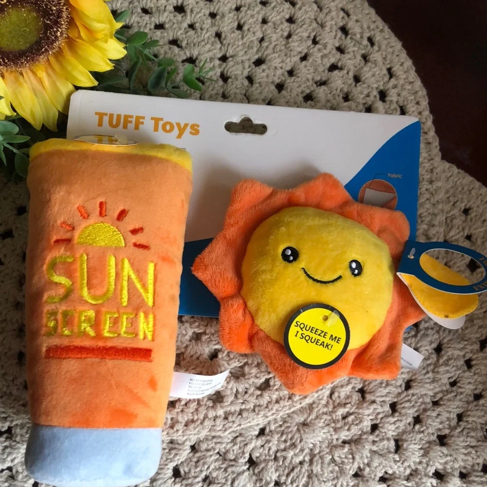 Sun and Sunscreen Squeeze Plush Dog Toy Set
